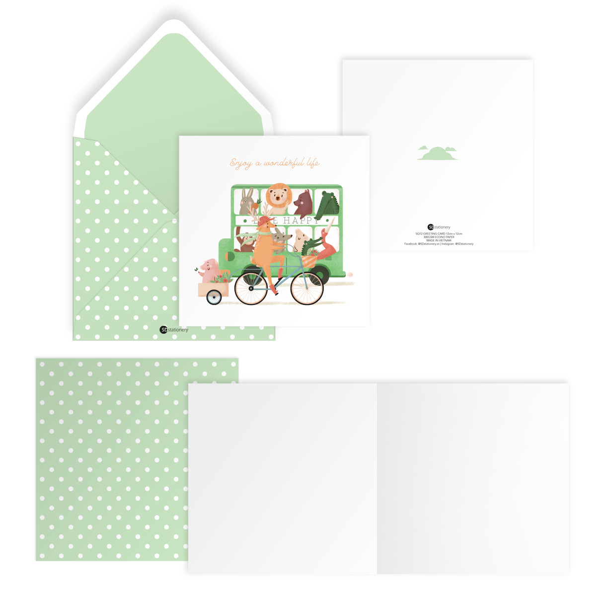 Bộ 5 thiệp vuông 12cm SDstationery LIVE GREEN sinh nhật, tình bạn, tình yêu, chúc mừng, truyền cảm hứng