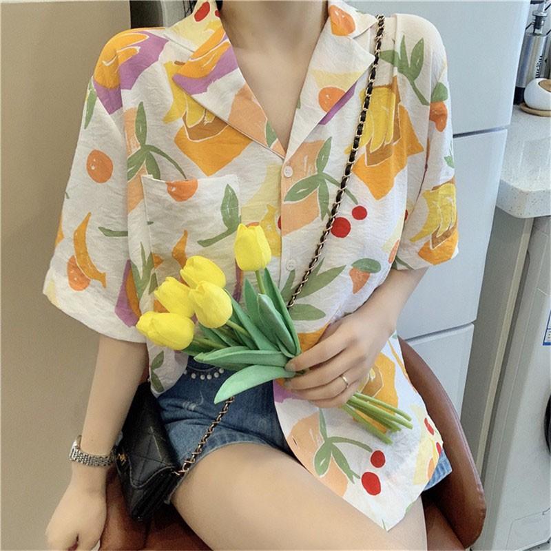 Áo Sơ Mi Chiffon Tay Ngắn In Họa Tiết Kiểu Hàn Quốc Thời Trang Mùa Hè Cho Nữ
