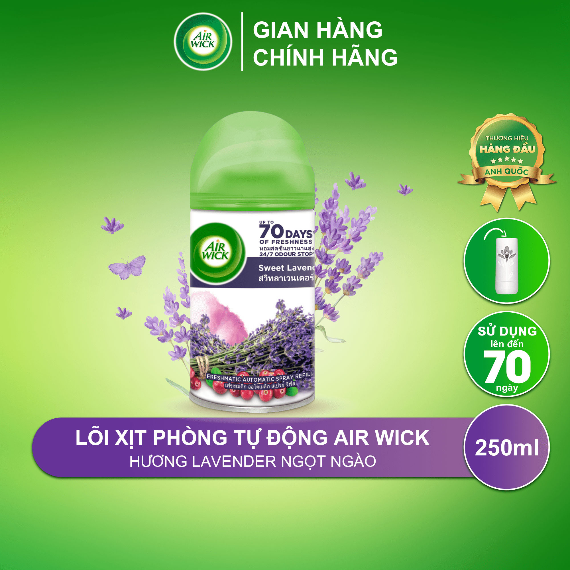 Lõi máy xịt thơm phòng tự động hương Sweet Lavender AIRWICK, hương thơm dịu ngọt, say đắm, lưu hương lâu 250ml