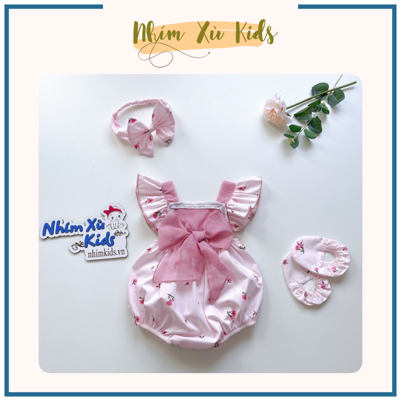 Body nơ bé gái 3 đến 12kg, Bodysuit tặng kèm turban cho bé gái