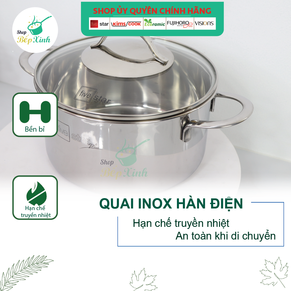 Bộ nồi và chảo chống dính vân đá 3 lớp đáy liền inox 304 cao cấp Fivestar Plus 5 món quai oval nắp kính , tặng 1 sạn inox