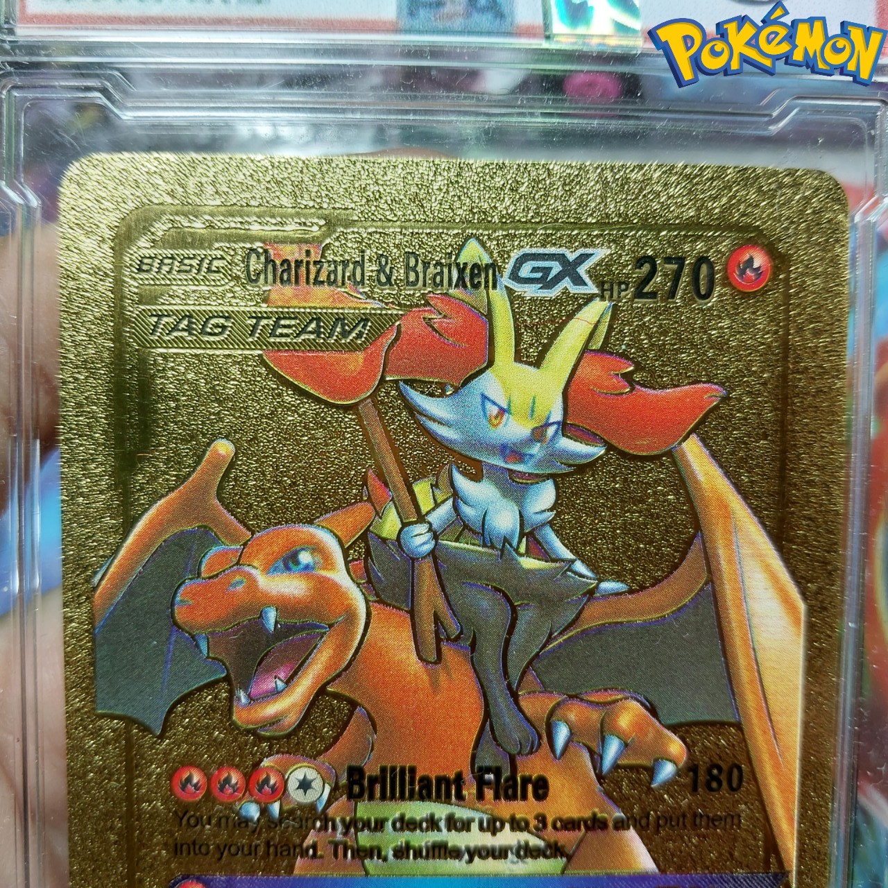 Charizard &amp; Braixen GX thẻ pokemon nhôm mạ vàng gia đình khủng long lửa Tặng kèm bảo vệ thẻ 1459 d24 1-32
