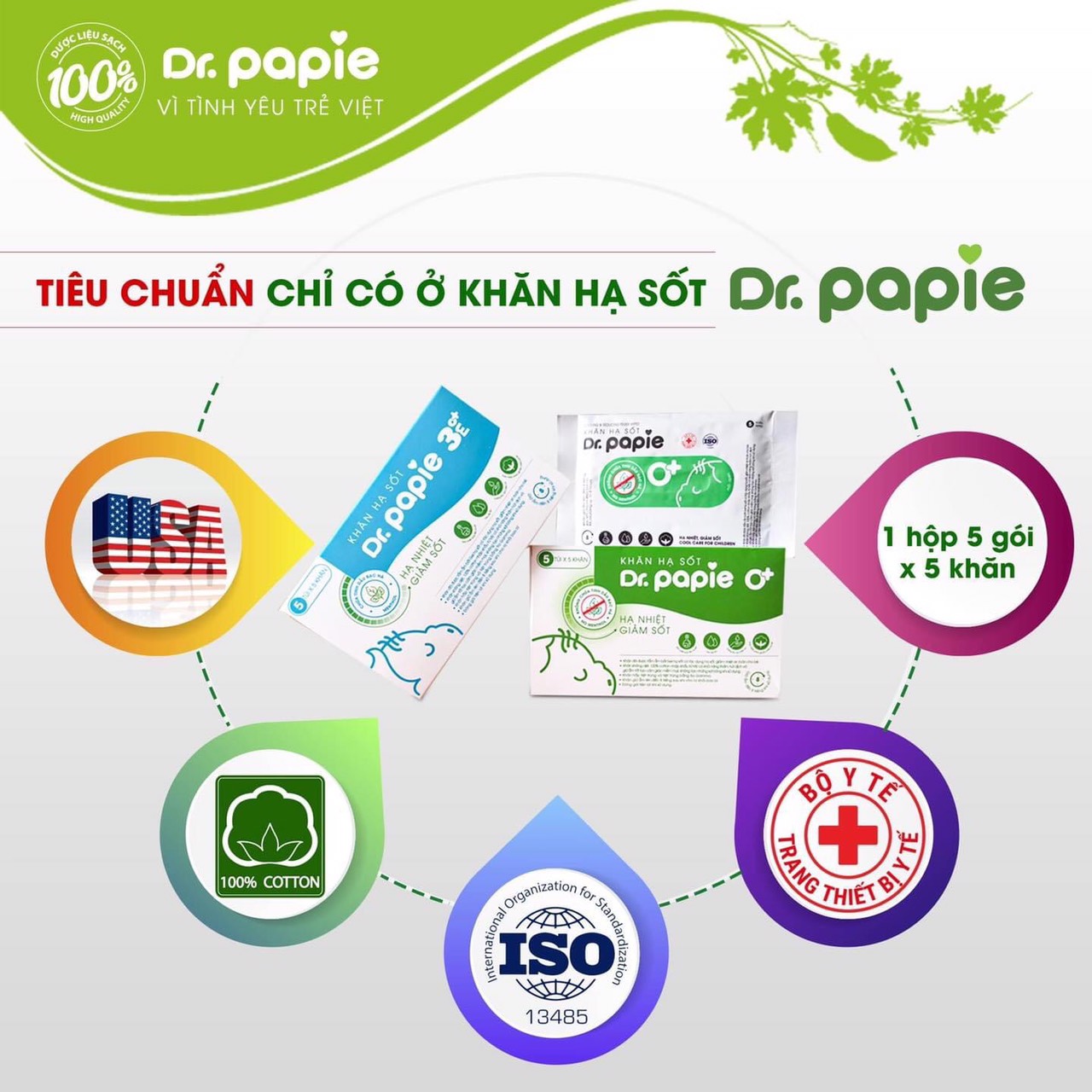 Khăn Lau Hạ Sốt Dr Papie - 1 gói xanh lá cho bé từ 0 tháng trở lên