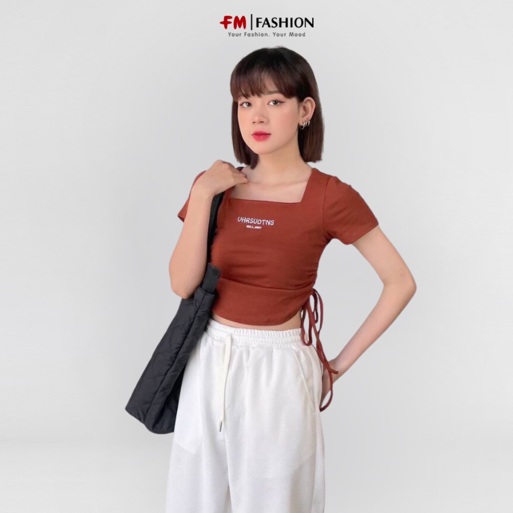 Áo croptop nữ FM Stye cổ vuông tay ngắn rút dây 2 bên thời trang basic phong cách ulzzang 22110030