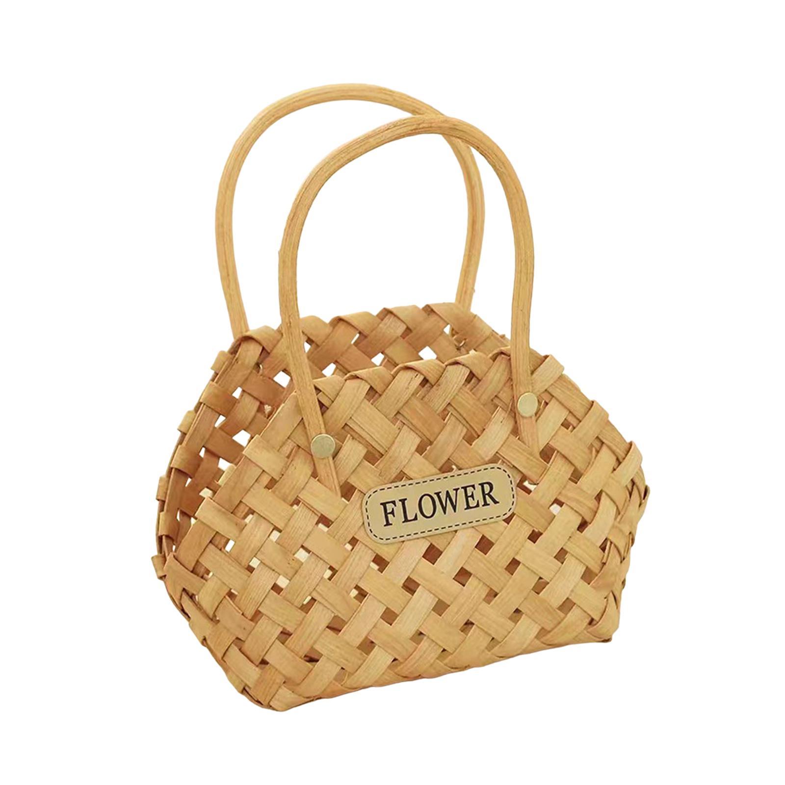 Pastoral Basket Storage Basket with Handle Handmade Wood Basket Storage Serving Basket for Flower Wedding Outdoor Camping Countertop