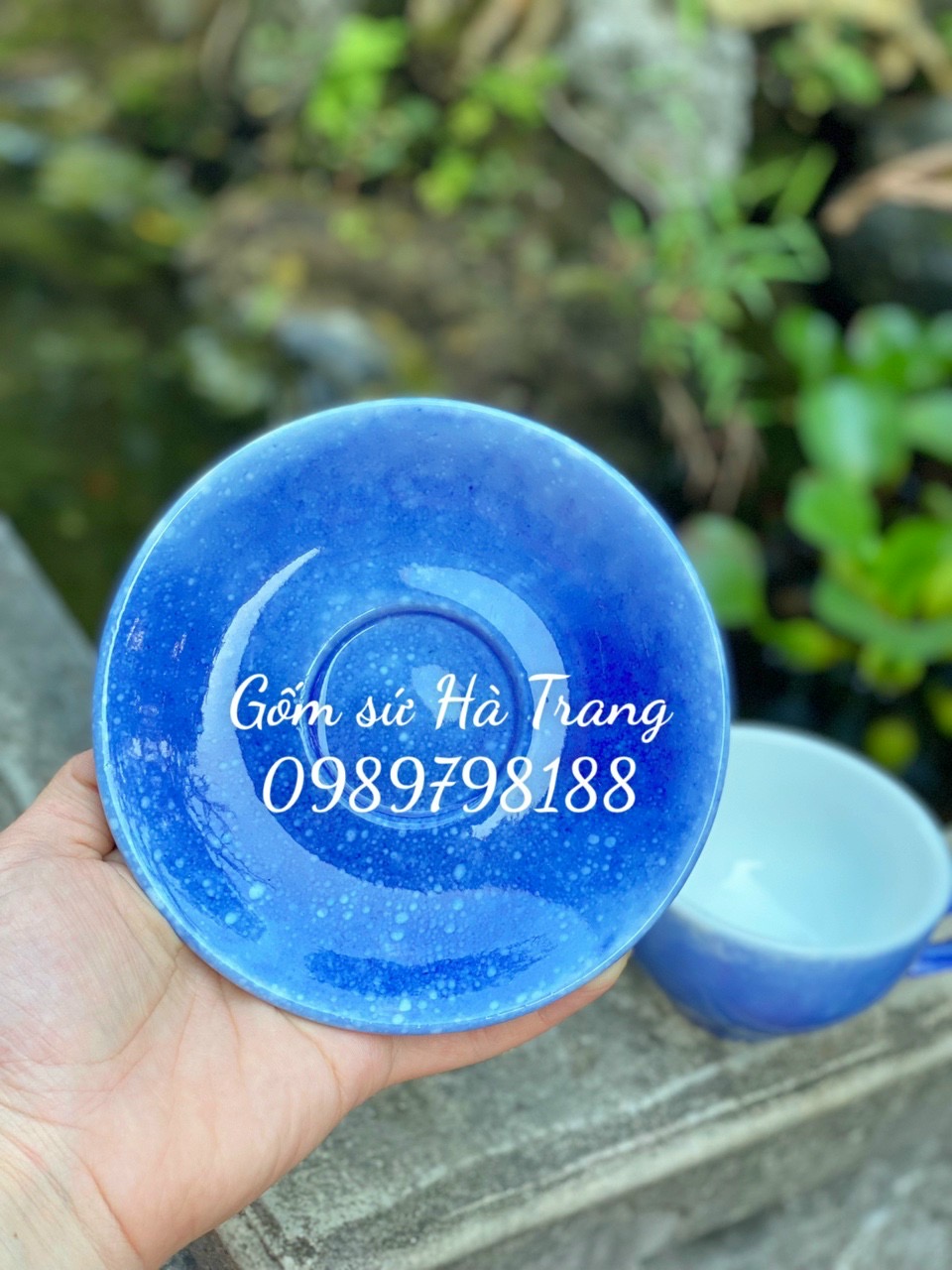 Bộ cốc đĩa capuchino gốm sứ Bát Tràng cao cấp không chì men vân đá xanh biển dung tích 220ml