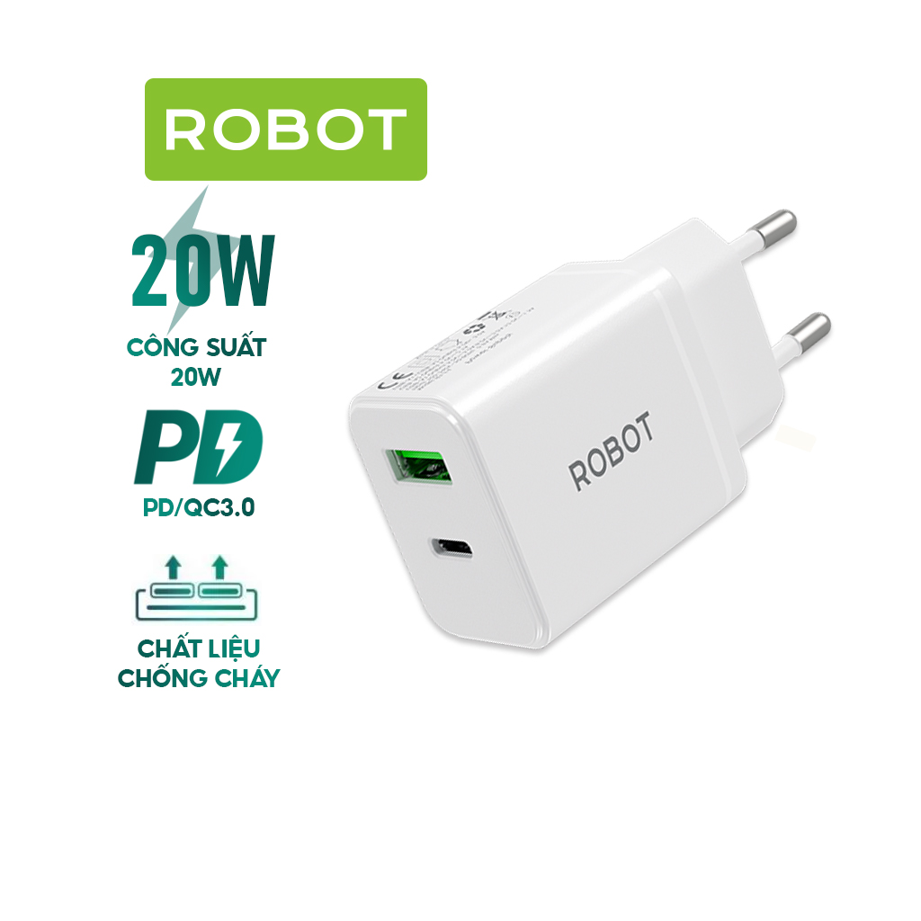 Củ Sạc Nhanh ROBOT RT-F5 2 cổng sạc USB Và Type C Công Suất 20W Sạc Nhanh PD/QC 3.0 HÀNG CHÍNH HÃNG