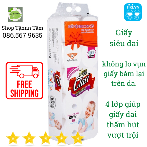 Bịch 10 Cuộn Giấy Vệ Sinh Clasi Siêu Dai Mềm Min, Dùng Được Cho em Bé