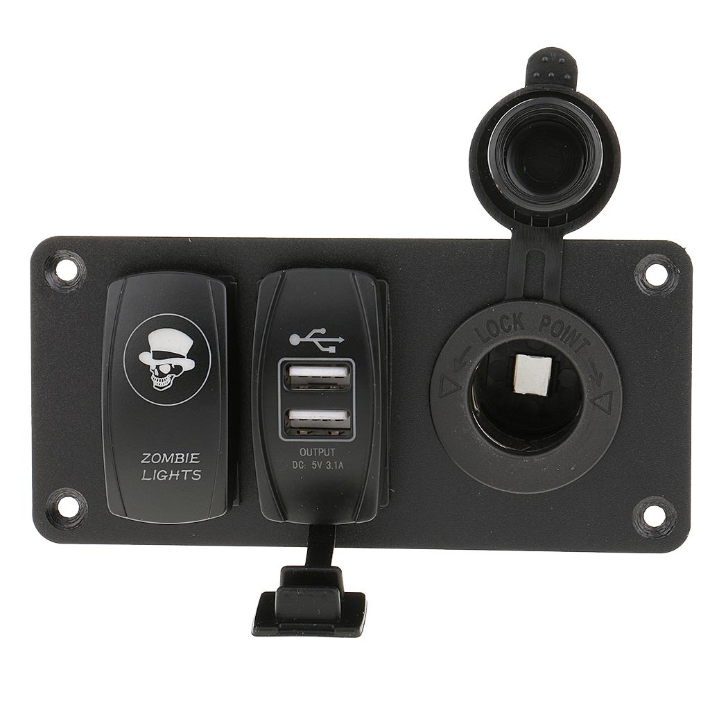 Power Socket +5 Pin Rocker Switch+Dual USB Charger Panel for 12V/24V Vehicles