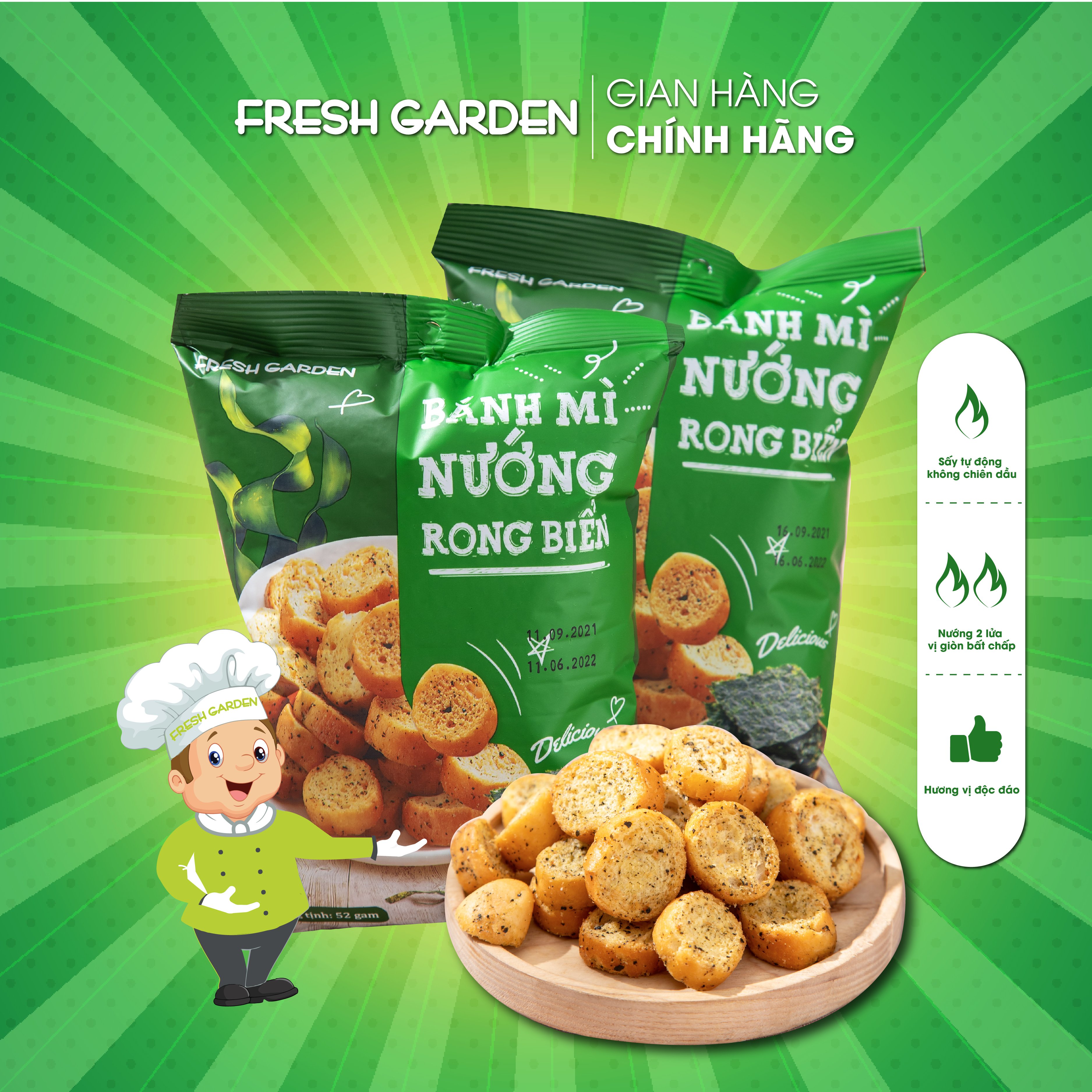 Snack Bánh Mì Nướng Rong Biển FRESHGARDEN Siêu Ngon Giòn Rụm Dinh Dưỡng Gói 52g