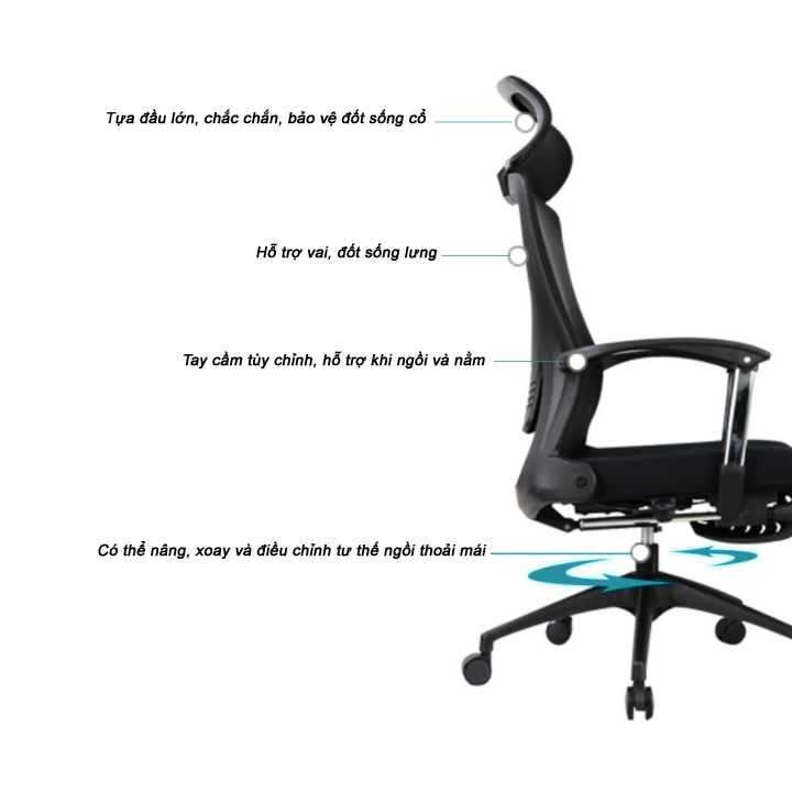Ghế giám đốc kèm tựa lưng êm ái hiện đại bền đẹp - Ghế công thái học lưng cao xoay 360 độ điều chỉnh độ cao Tiện lợi GHP052