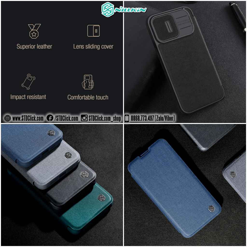 BAO DA DÀNH CHO ĐIỆN THOẠI IPHONE 15 PRO MAX - 15 PRO NILLKIN QIN PRO plain leather + cloth BẢO VỆ CAMERA