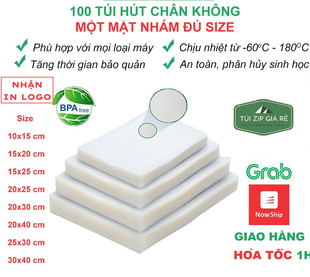 Túi hút chân không thực phẩm một mặt nhám Combo 100 túi đựng hàng tiện lợi có đầy đủ kích thước