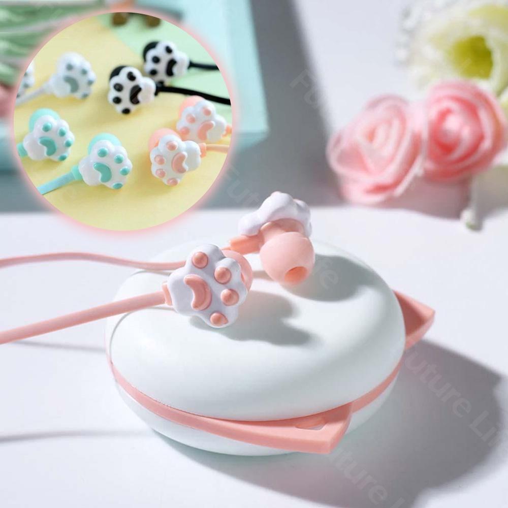 Tai Nghe Nhét Tai Mini Hình Chân Mèo Hoạt Hình Dễ Thương Kèm Hộp Đựng Cho Nữ