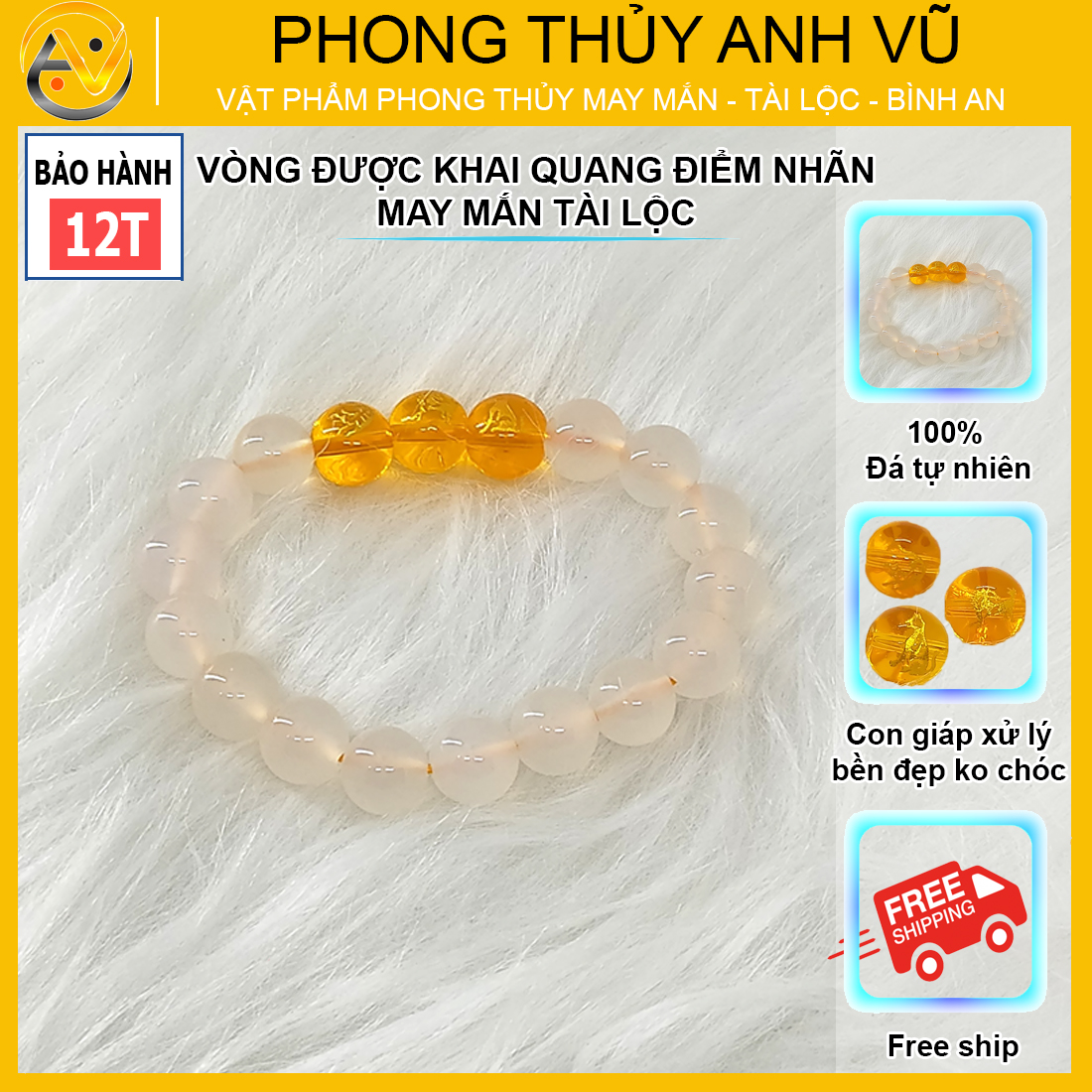Vòng tay mã não trắng tam hợp dần ngọ tuất - size 8 10ly cho nữ mệnh thủy, mệnh kim - có khai quang điểm nhãn may mắn tài lộc - bảo hành 12 tháng - PHONG THỦY ANH VŨ