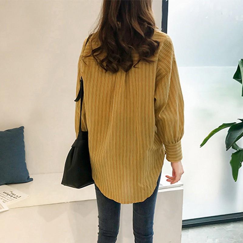 Áo sơ mi tay dài cổ bẻ dáng rộng họa tiết kẻ sọc size lớn trẻ trung thời trang