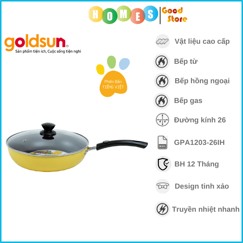 Chảo Chống Dính Đáy Từ GOLDSUN GPA1203-26IH, Đường Kính Đáy 26 Cm, Công Nghệ Chống Dính Nhật Bản, Không Kén Bếp - Hàng Chính Hãng