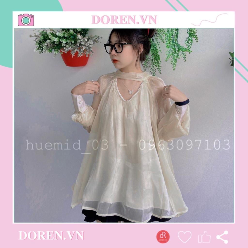 Áo sơ mi kiểu babydoll cổ V chocker đính ngọc thắt nơ lưng - DRA0027