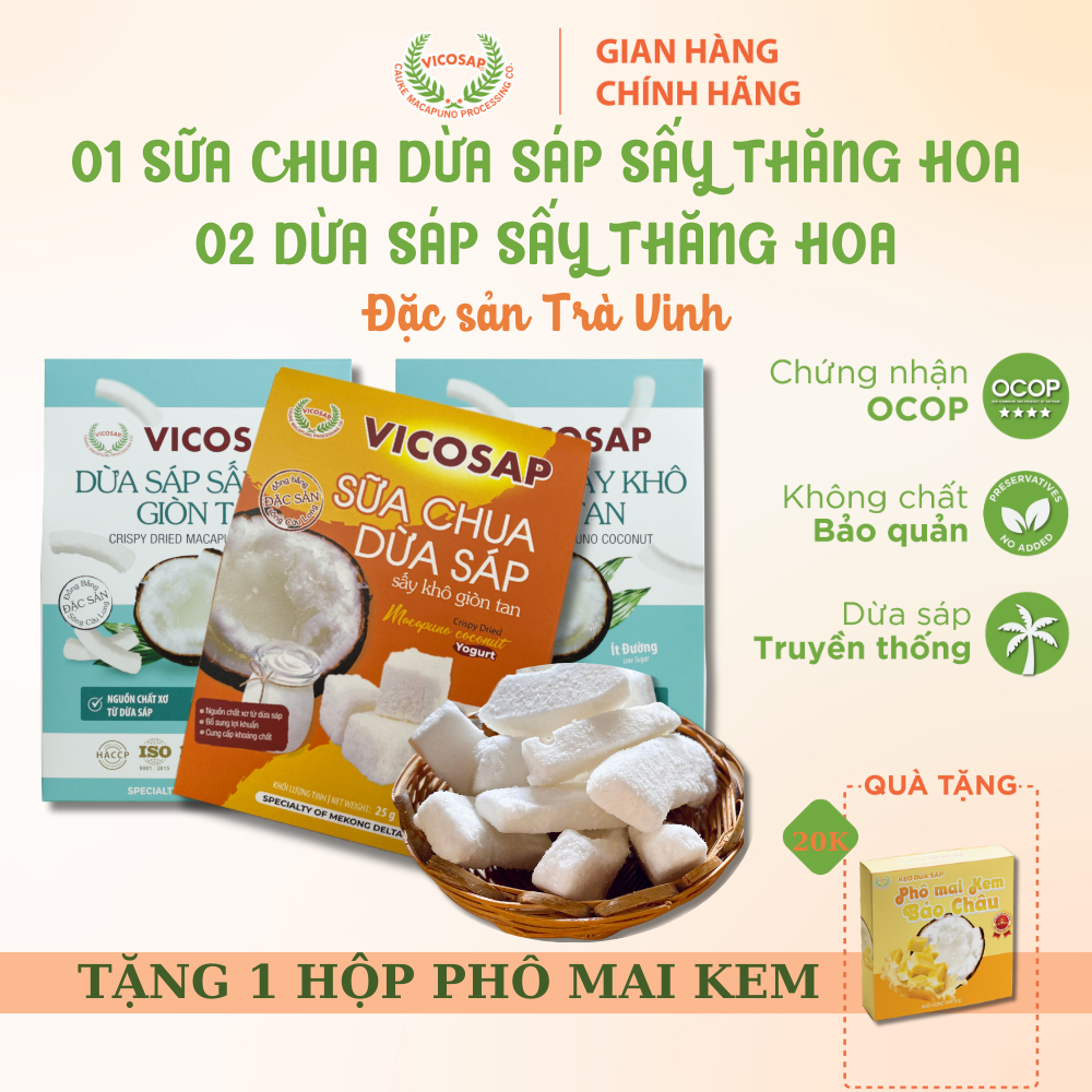 Combo 2 Dừa sáp sấy giòn 1 Sữa Chua dừa sáp sấy thăng hoa cao cấp Vicosap ít đường đồ ăn vặt healthy đặc sản Trà Vinh - Snack Food