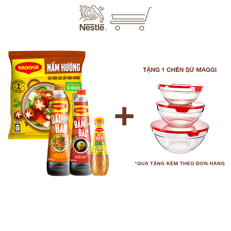 [Tặng bộ 3 thố thủy tinh] Combo Maggi hoàn chỉnh 2: 1 dầu hào 820g + 1 nước tương đậm đặc 700ml + 1 nấm hương 450g + 1 gia vị cô đặc 350g