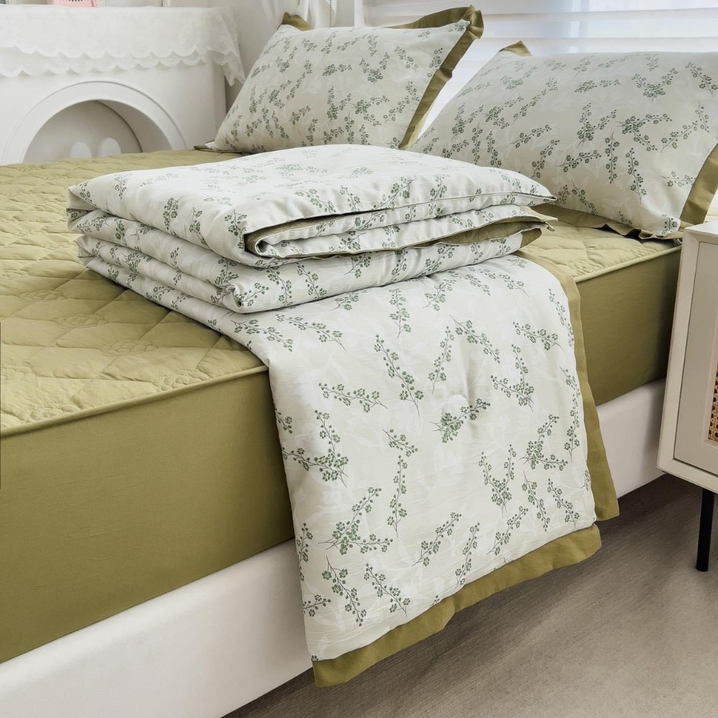 Bộ chăn ga gối cotton đũi chần bông 5 món nhập khẩu