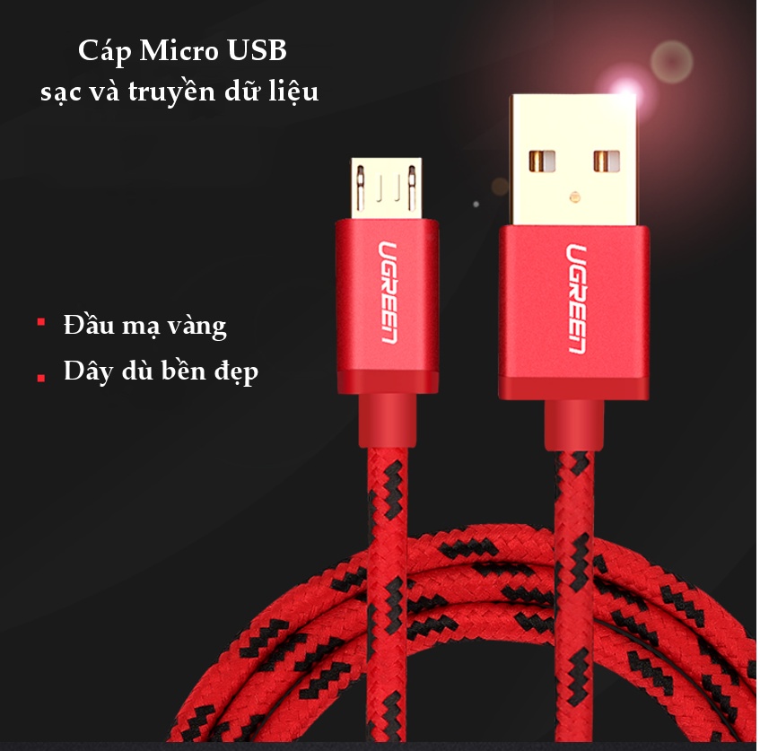 Cáp sạc và truyền dữ liệu Micro USB sang USB 2.0 vải dù bọc nilon bền đẹp dài 0.5m UGREEN 40456 - Hàng chính hãng