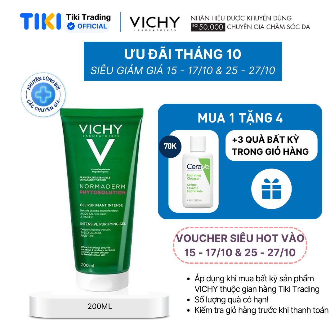 Sữa rửa mặt dạng gel làm sạch sâu giảm bã nhờn Vichy Normaderm Phytosolution 200ml