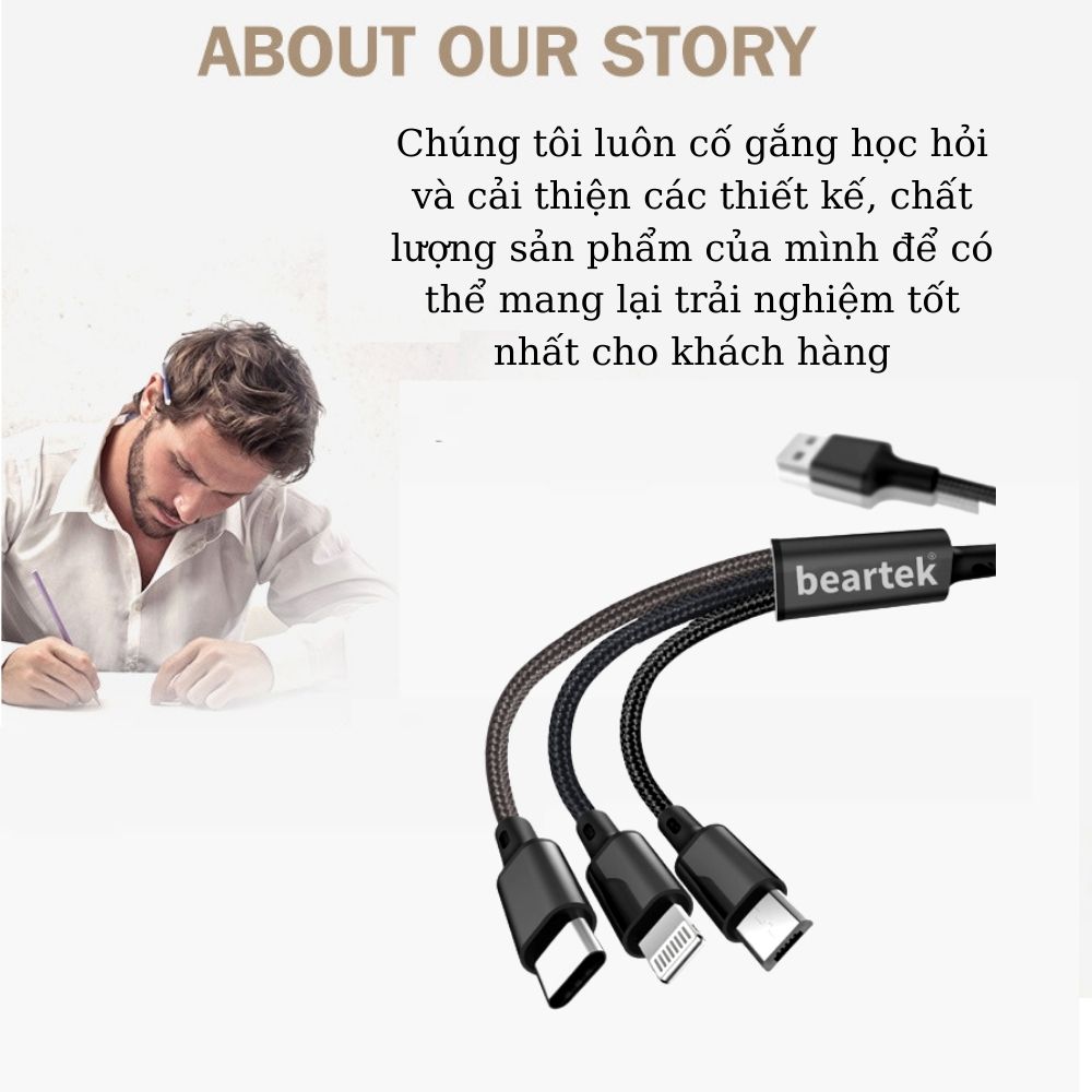 Dây cáp sạc đa năng 3 màu Beartek 3 in 1 Type-C, Micro USB, cho iPhone/ iPad, Smartphone &amp; Tablet Android (3.5A, 1.2M, Fast charge 4 in 1 Cable) – CAP3MAU1 - Hàng nhập khẩu