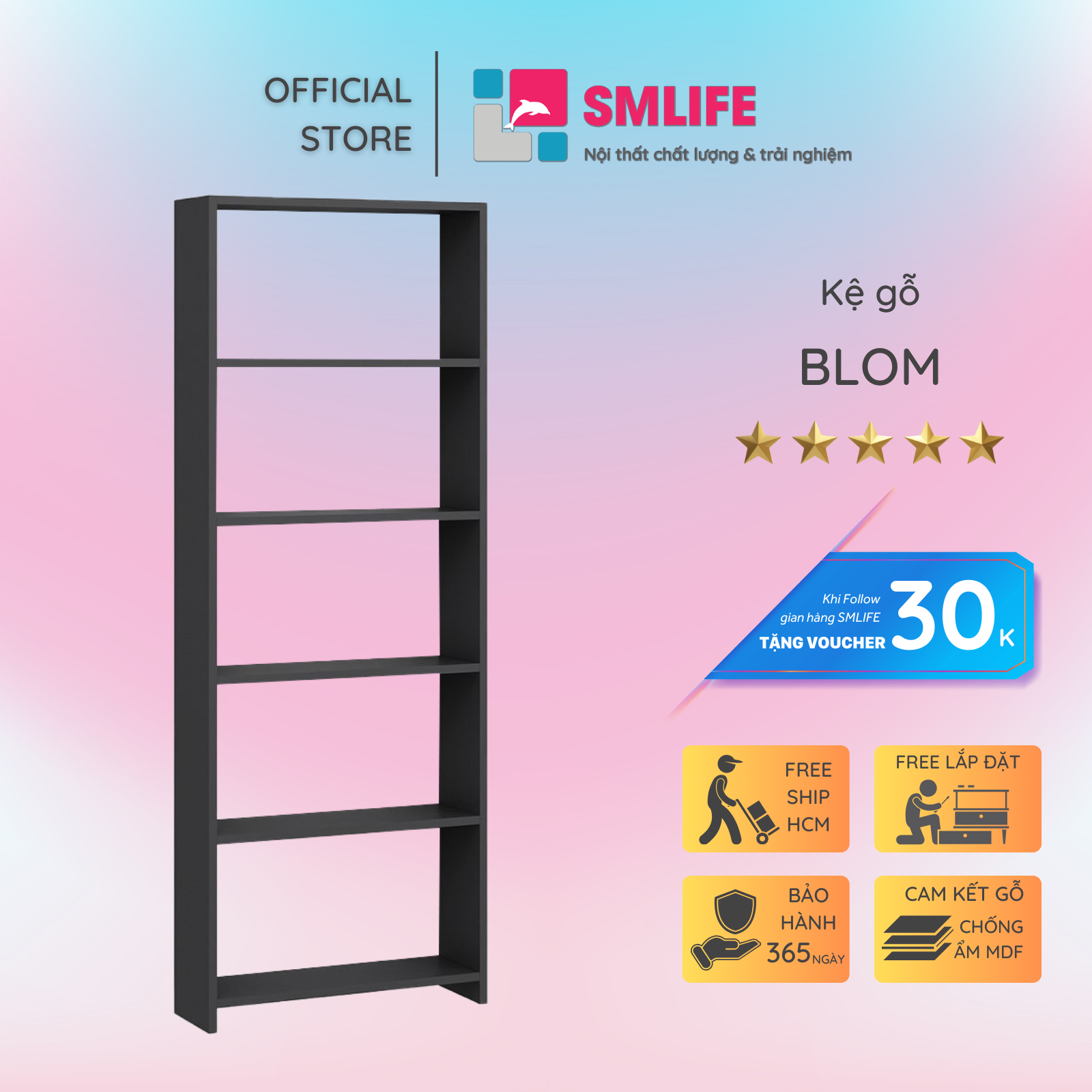 Kệ sách gỗ MDF gia đình thiết kế tiện dụng SMLIFE Blom