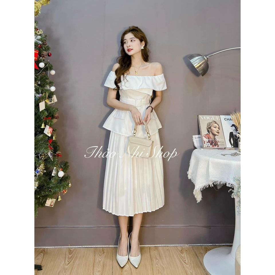 Set áo trắng bẹt vai cháo đắp tà chân vấy trắng midi dập ly mẫu chị thảo nhi shop