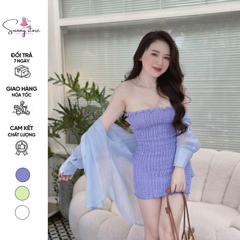 Đầm Ống Nhún Kèm Áo Somi Lụa, Set đầm body óng nhún kèm áo khoác somi voan