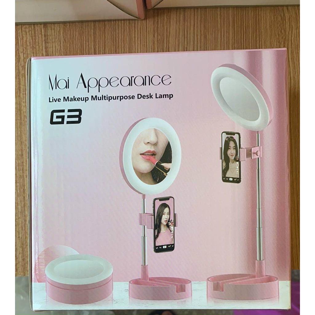 PVN18882 Gương trang điểm gấp gọn có đèn Led Livestream tích hợp giá đỡ và kẹp điện thoại T2