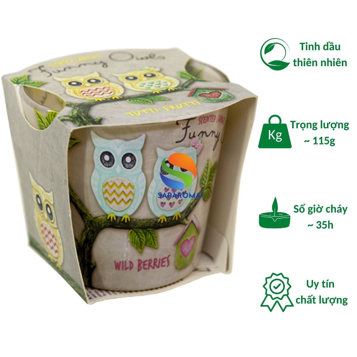 Ly nến thơm tinh dầu Bartek Funny Owls 115g QT00668 - hương quả ngọt, nến trang trí, thơm phòng, thư giãn, hỗ trợ khử mùi (giao mẫu ngẫu nhiên)