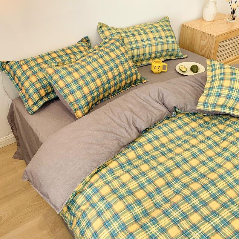 Bộ chăn ga Cotton Poly M2T bedding kẻ xanh vàng, vỏ chăn mền, drap giường và 2 vỏ gối