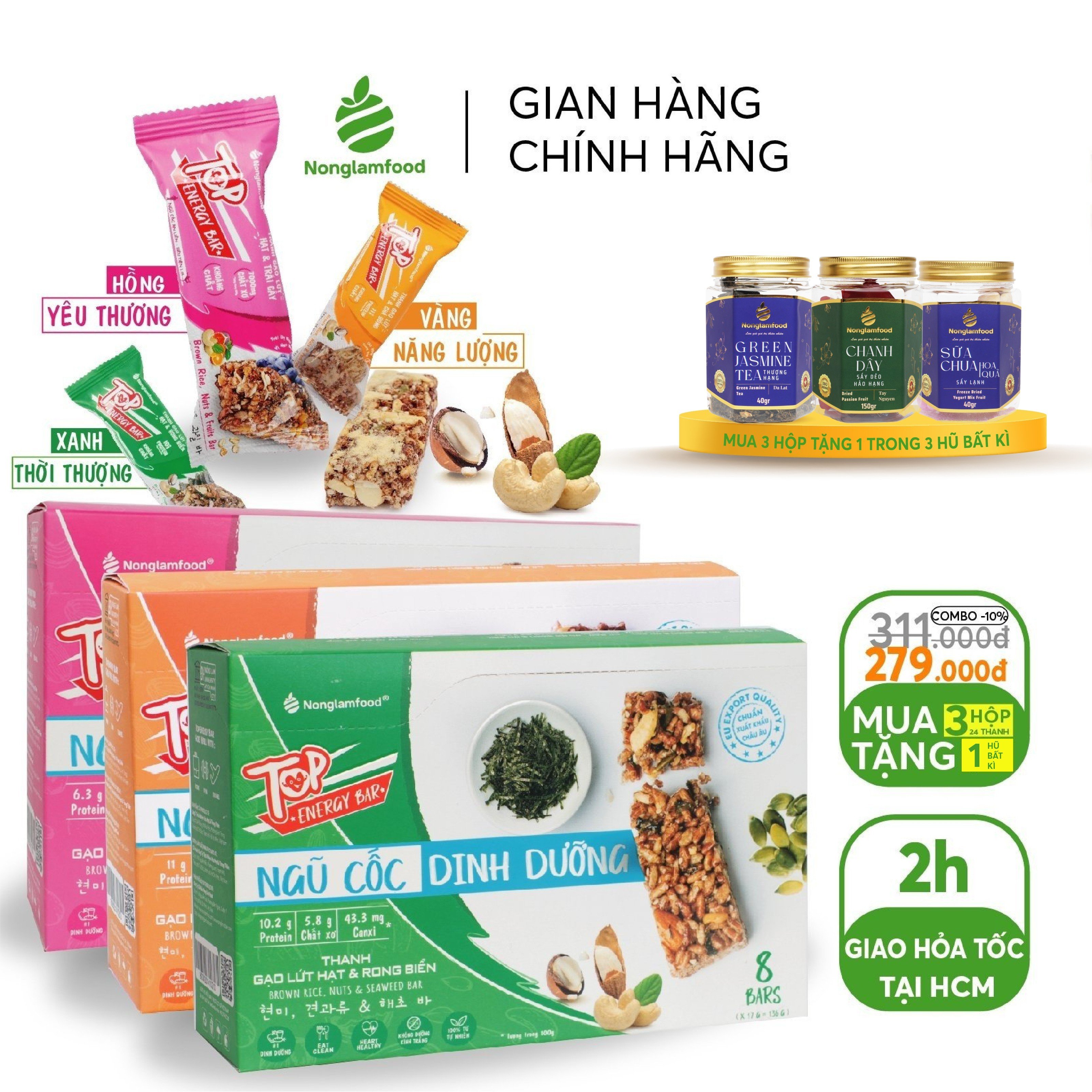 [EAT CLEAN] Combo 3 hộp thanh gạo lứt ngũ cốc Top Energy Bar 3 vị hộp 136g 8 thanh (Chà bông/ Rong biển/ Trái cây) Nonglamfood | Ăn lành mạnh - Ngon chuẩn dưỡng chất