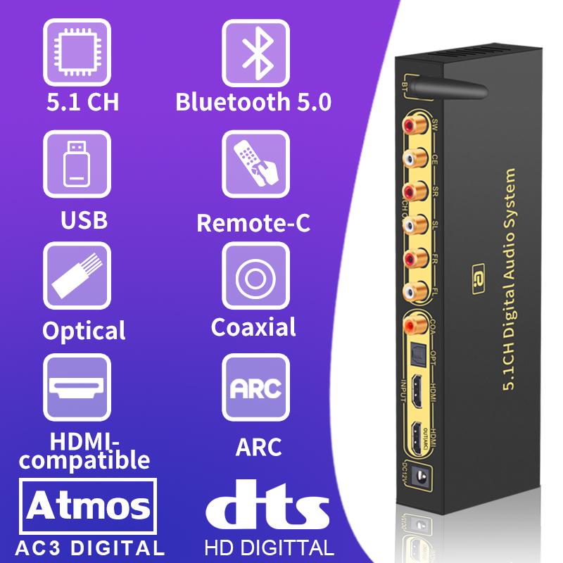 Bộ giải mã bộ chuyển đổi âm thanh HD820B 5.1CH Bluethooth 5.0 Bộ thu DAC HDMI tương thích ARC SPDIF DTSHD AC3 FLAC APE 4K 192KHZ