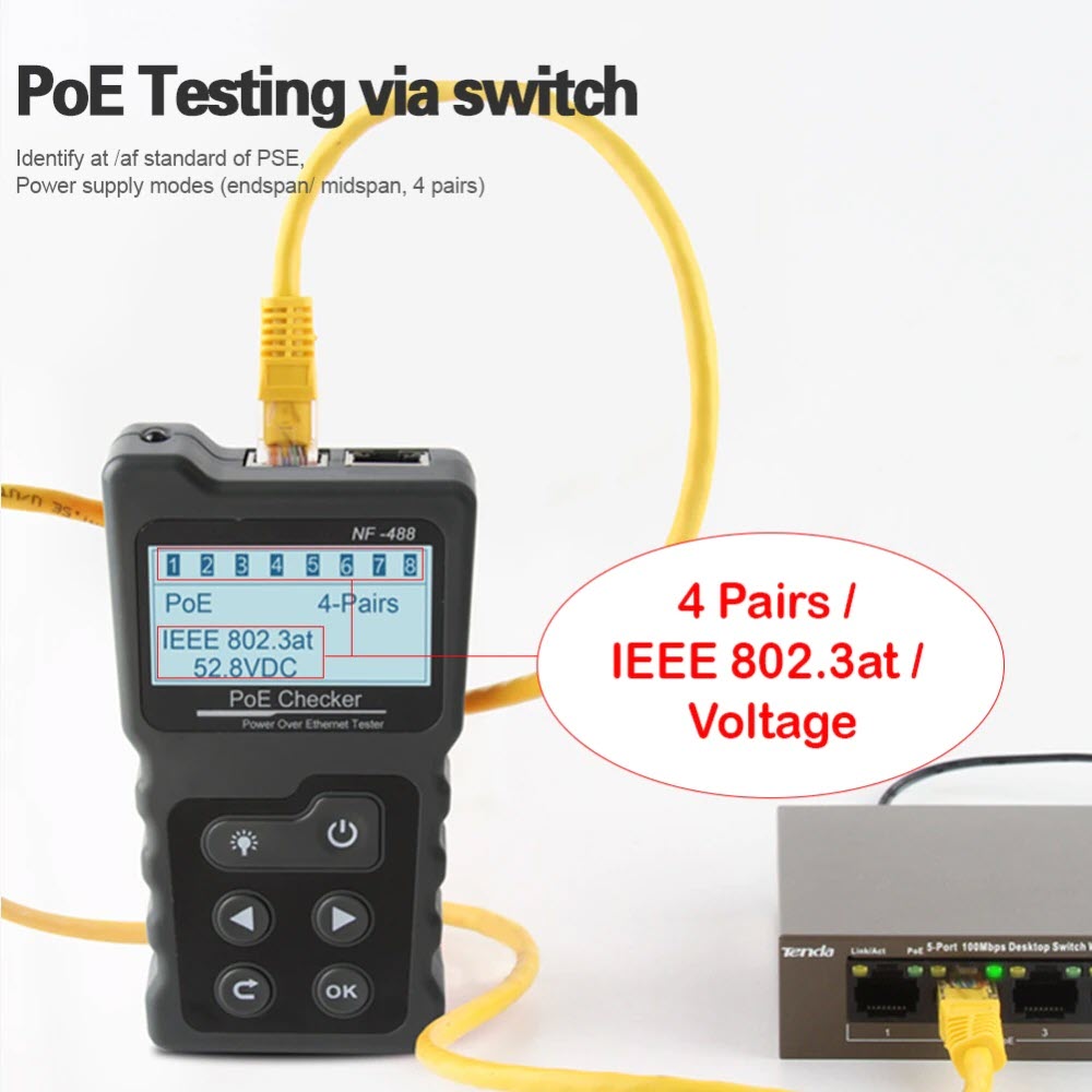 Máy Test Và Kiểm Tra Tín Hiệu Cáp Mạng POE Noyafa NF-488 - Hàng Nhập Khẩu. NOYAFA NF-488 PoE power test Network PoE Tester checker Over the Ethernet cat5,cat6 Lan tester network tools PoE Switch test