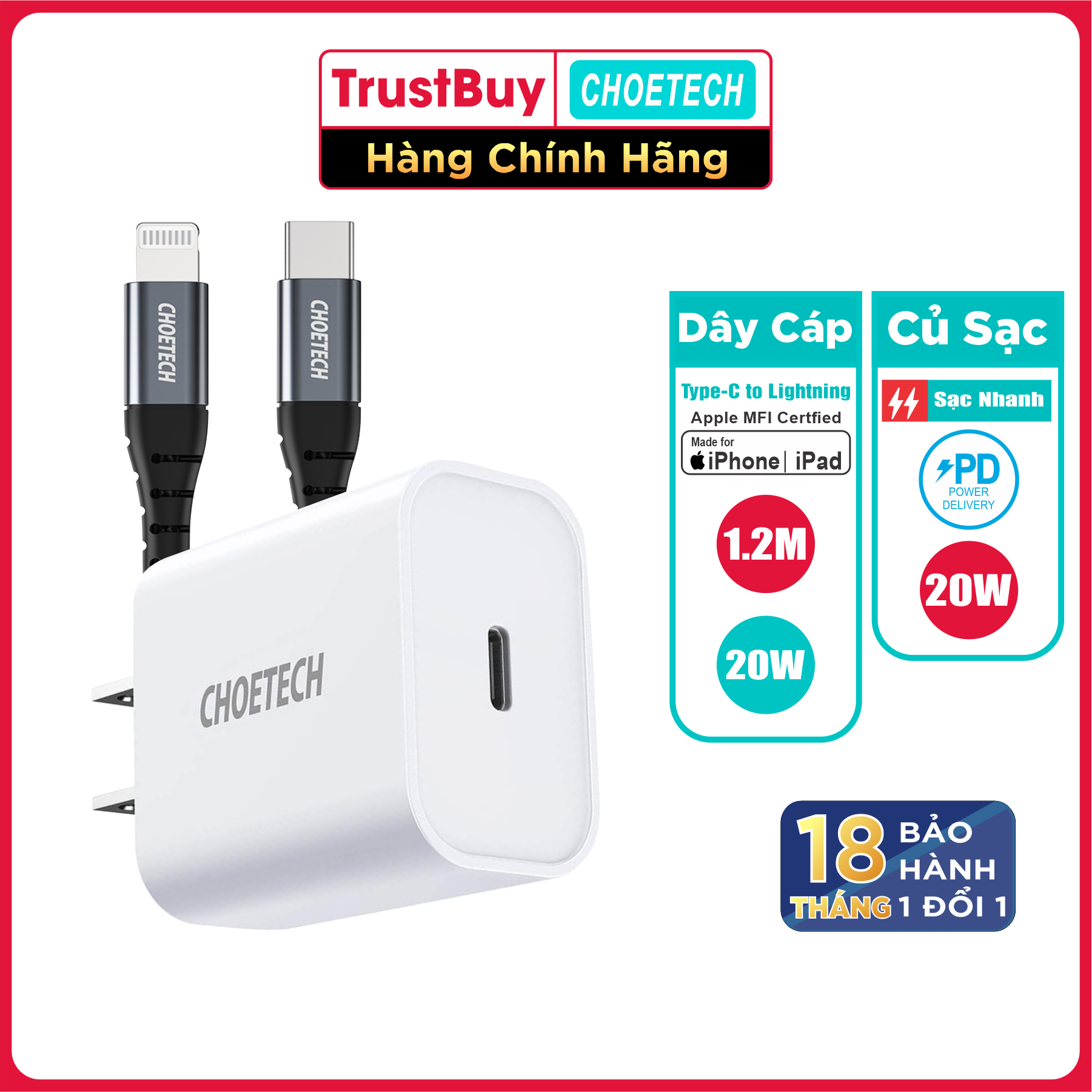 Bộ Củ Sạc CHOETECH PD 3.0 20W PD5005-W Và Cáp Type-C To Lightning MFI Apple 1.2M IP0039 Sạc Nhanh 20W cho iPhone, cho iPad - Hàng Chính Hãng