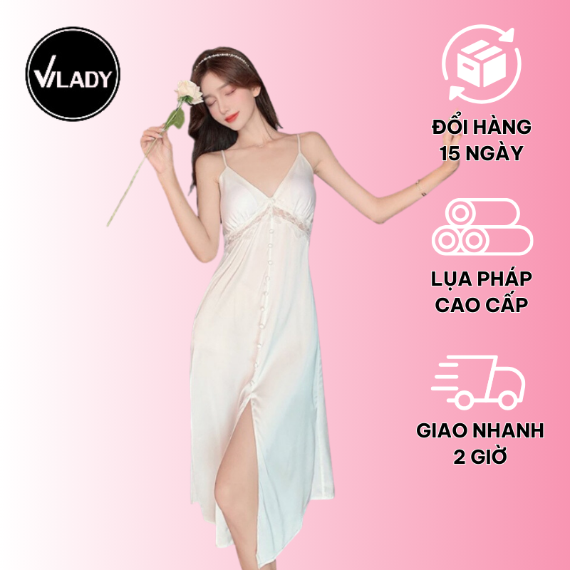 Váy ngủ nữ, váy 2 dây lụa mềm quyến rũ VILADY - V121 thiết kế siêu sang màu Trắng gạo, chất liệu lụa Pháp cao cấp