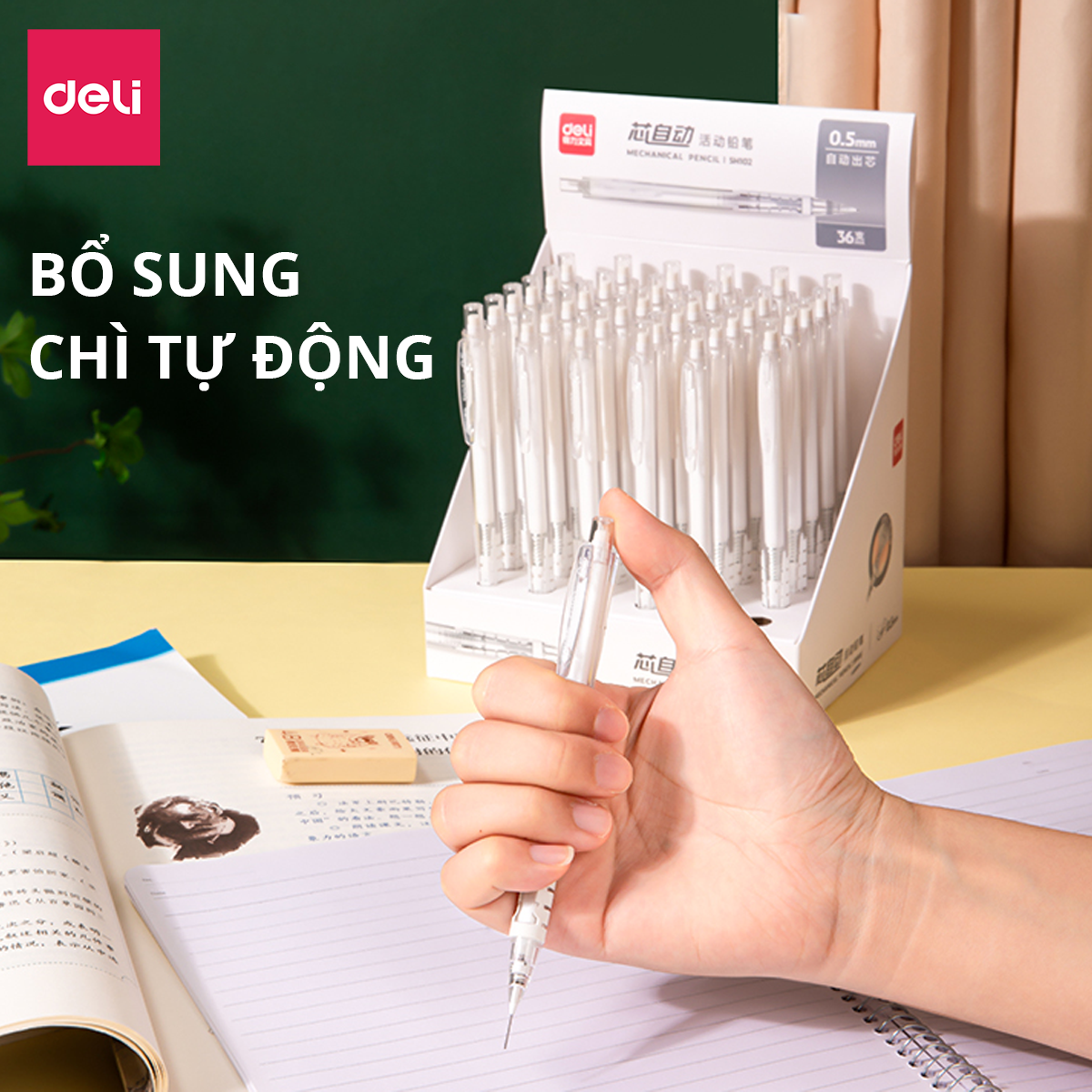 Bút Chì Kim Cơ Học Vỏ Trong Suốt 0.5mm 0.7mm Deli - Cao Cấp Kèm Đầu Tẩy Dành Cho Học Sinh Văn Phòng - SH102 SH103 SH112 SH113