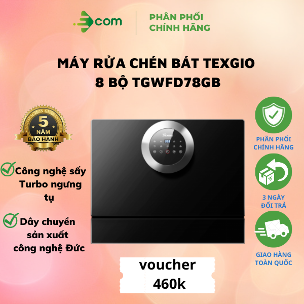 MÁY RỬA CHÉN BÁT TEXGIO 8 BỘ TGWFD78GB, KẾT NỐI WIFI, SẤY KHI NÓNG, TỰ ĐỘNG HÉ CỬA - HÀNG CHÍNH HÃNG, BẢO HÀNH 5 NĂM