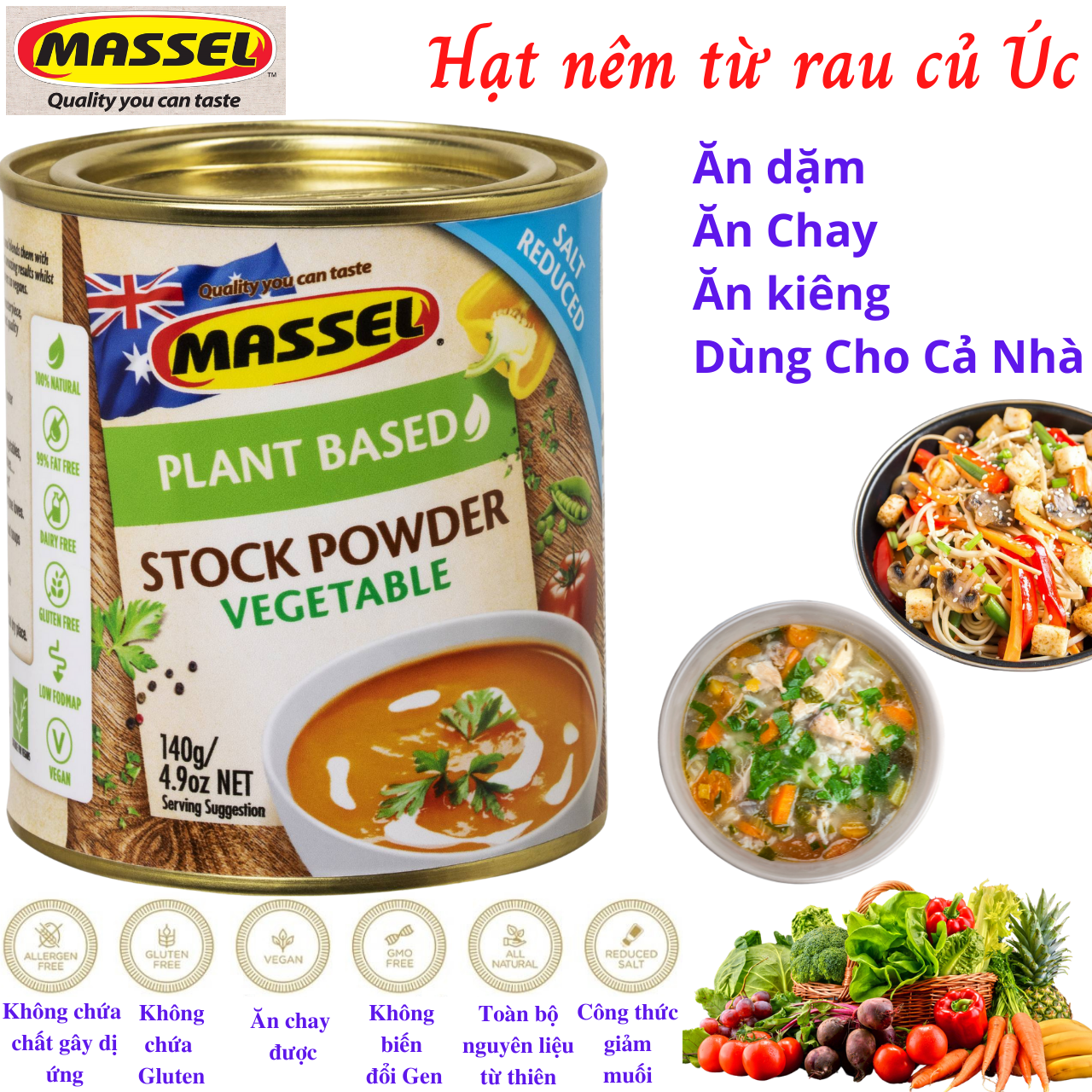 Hạt nêm rau củ Massel Úc 100% từ rau củ thảo mộc bảo vệ sức khỏe, dành cho ăn chay, ăn mặn, ăn kiêng, và cho bé ăn dặm - Massel Official