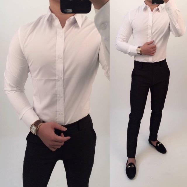 Áo sơ mi trắng nam vải lụa trơn kate không nhăn không sù không bay màu BAKARA SHOP