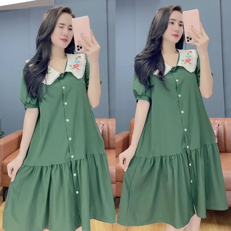 Đầm cổ thêu hoa tay phồng dễ thương