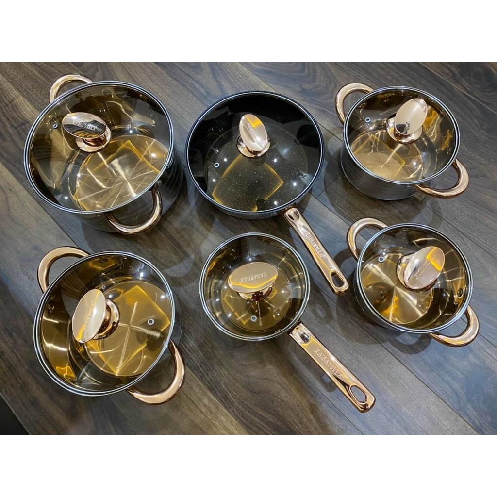 BỘ NỒI 6 MÓN VUNG KÍNH ĐÁY TỪ 9 LỚP, BỘ NỒI ĐỨC VUNG KÍNH CHEF&amp;CHEF/ KAISA VILLA SIÊU ĐẸP
