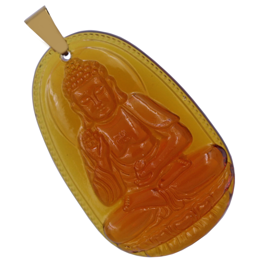 Mặt Phật A di đà pha lê trà 3.6 cm kèm móc và vòng cổ dây cao su đen, Mặt Phật bản mệnh