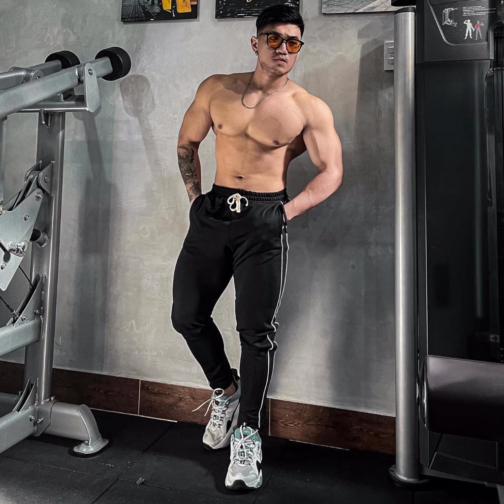 Quần Dài Tập Gym Nam Gymshark 2 Sọc Cao Cấp Chất Cotton Thiết kế Trung Năng Động