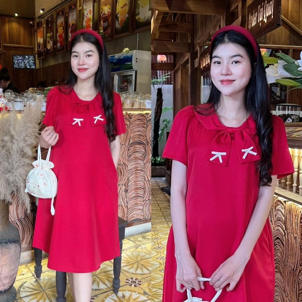 Đầm bầu cotton lạnh phối cổ thắt nơ phom suông gọn dáng, thanh lịch, dễ thương - Xanh đen