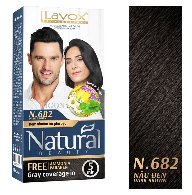 Kem Nhuộm Phủ Bạc Cao Cấp Siêu Dưỡng, Tự Nhiên Lavox - N.682 Dark Brown
