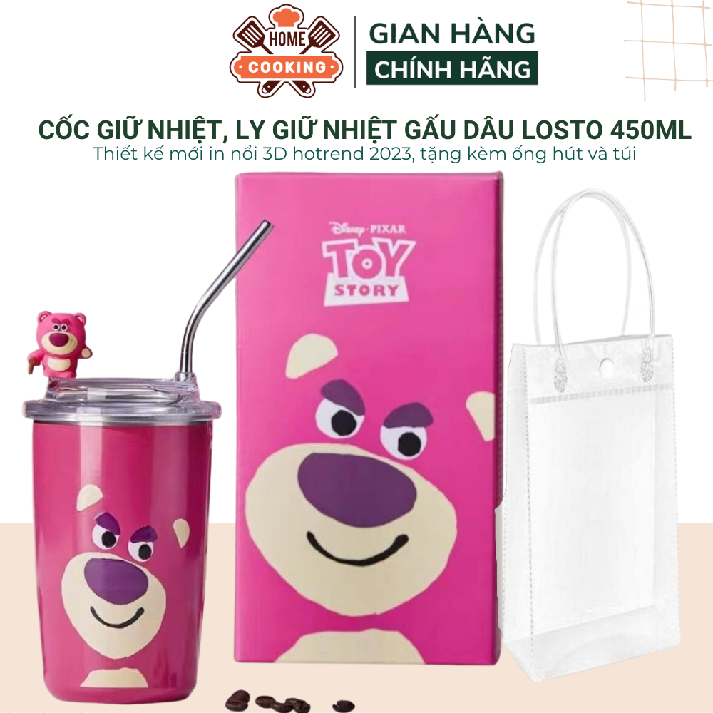 Cốc giữ nhiệt, ly giữ nhiệt gấu dâu Losto dung tích 450ml, chất liệu inox 304 giữ nhiệt từ 8-12 giờ tặng kèm ống hút